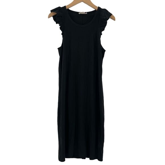 NATION LTD Dress Size Medium Elliot Ruffle Sleeve Black Pima Cotton Linen Blend - Picture 2 of 15